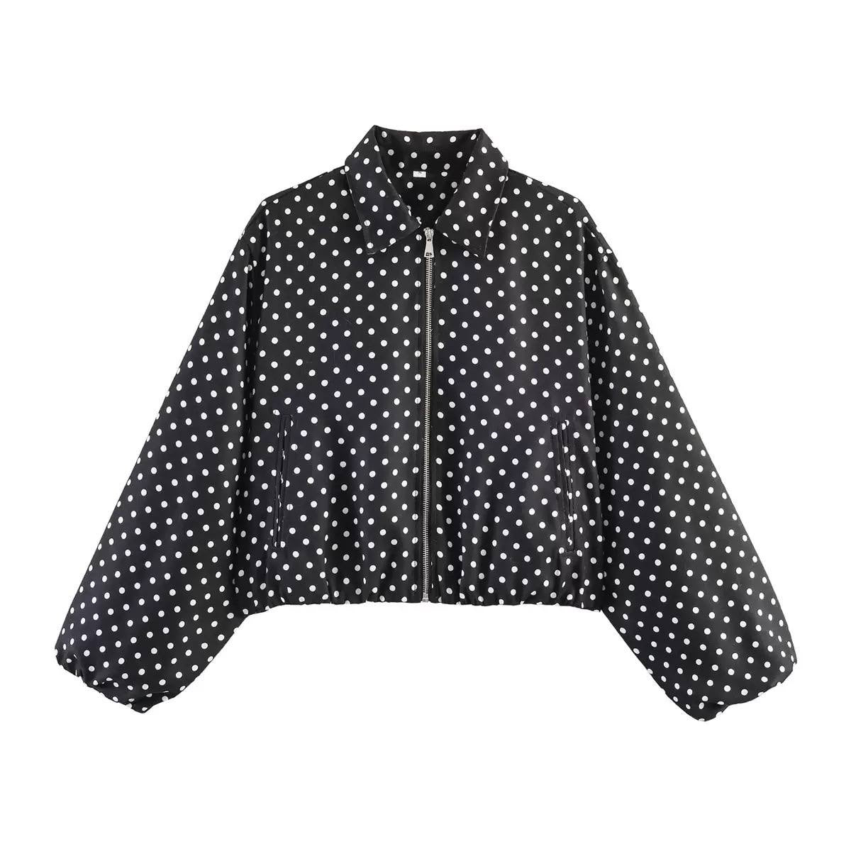 Balloon Sleeve Polka Dot Jacket With Front Pockets – Black Polka Dot