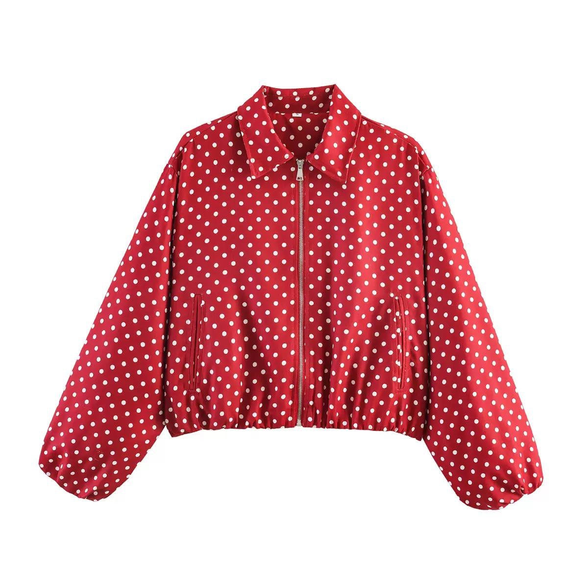 Balloon Sleeve Polka Dot Jacket With Front Pockets – Red Polka Dot