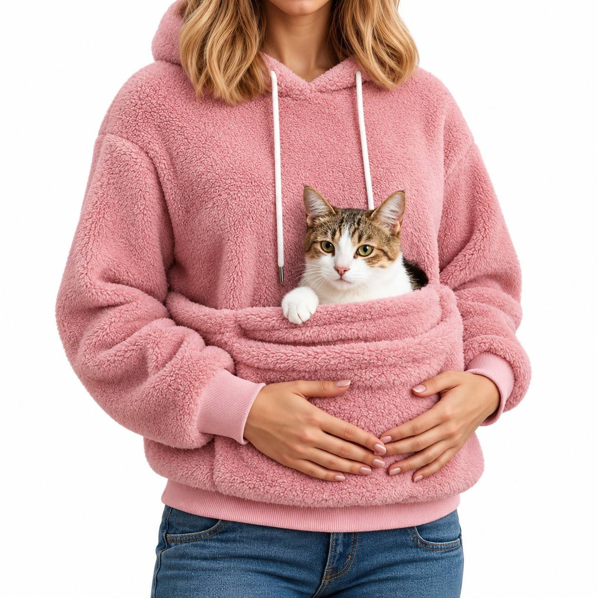 Long-Sleeve Pullover Hoodie With Oversized Pouch Pocket – Pink