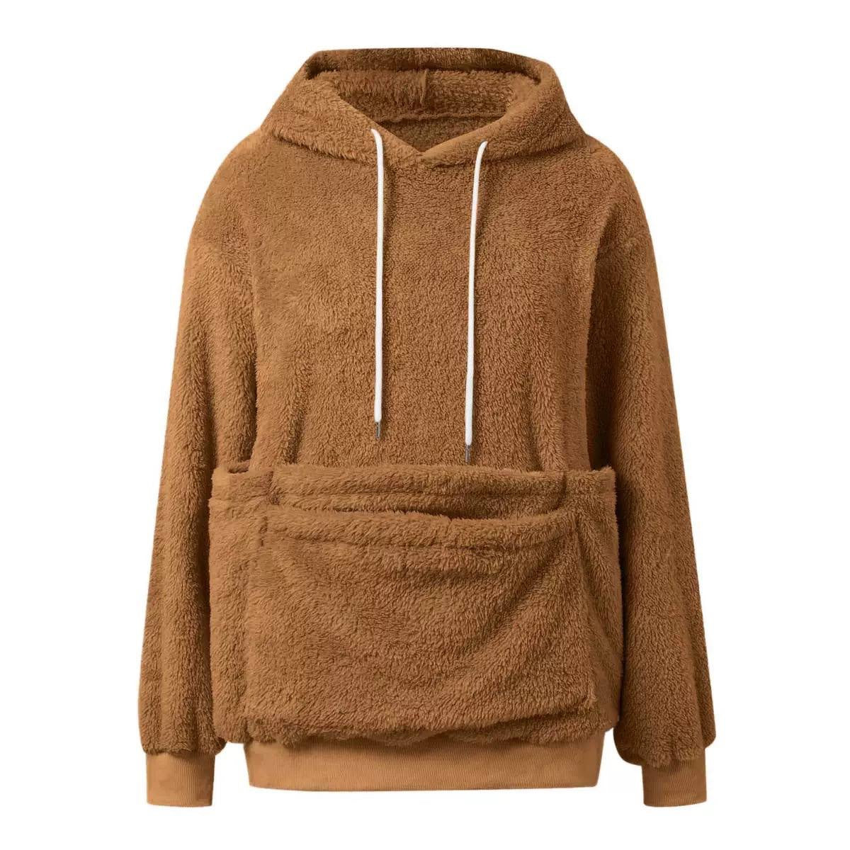 Long-Sleeve Pullover Hoodie With Oversized Pouch Pocket – Brown