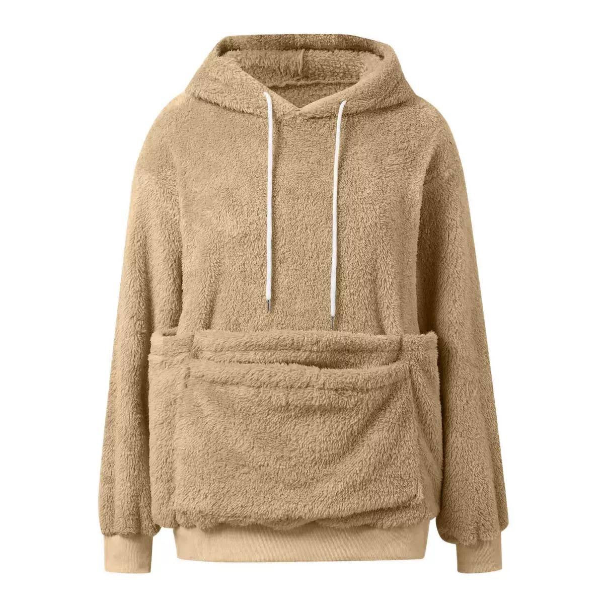 Long-Sleeve Pullover Hoodie With Oversized Pouch Pocket – Beige