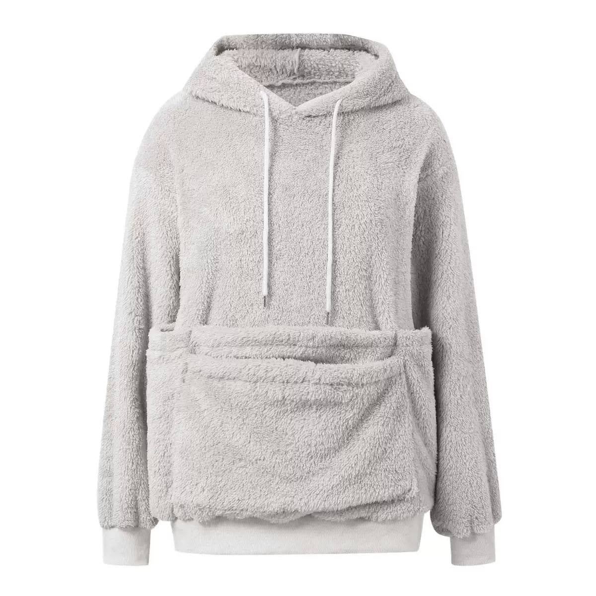 Long-Sleeve Pullover Hoodie With Oversized Pouch Pocket – Light Grey