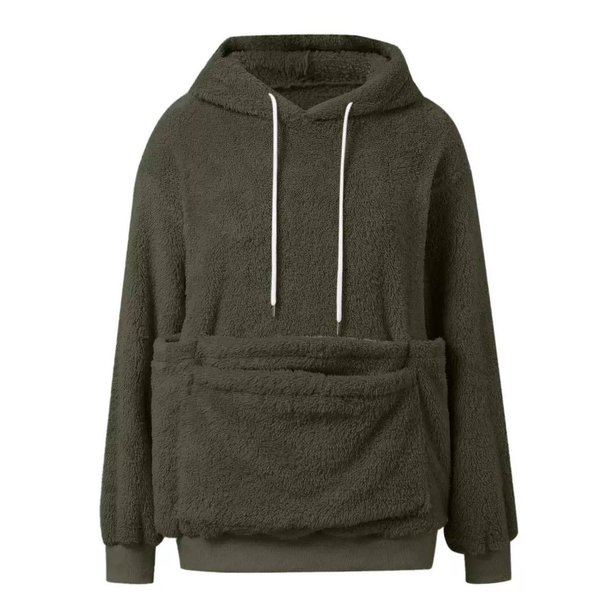 Long-Sleeve Pullover Hoodie With Oversized Pouch Pocket – Olive Green