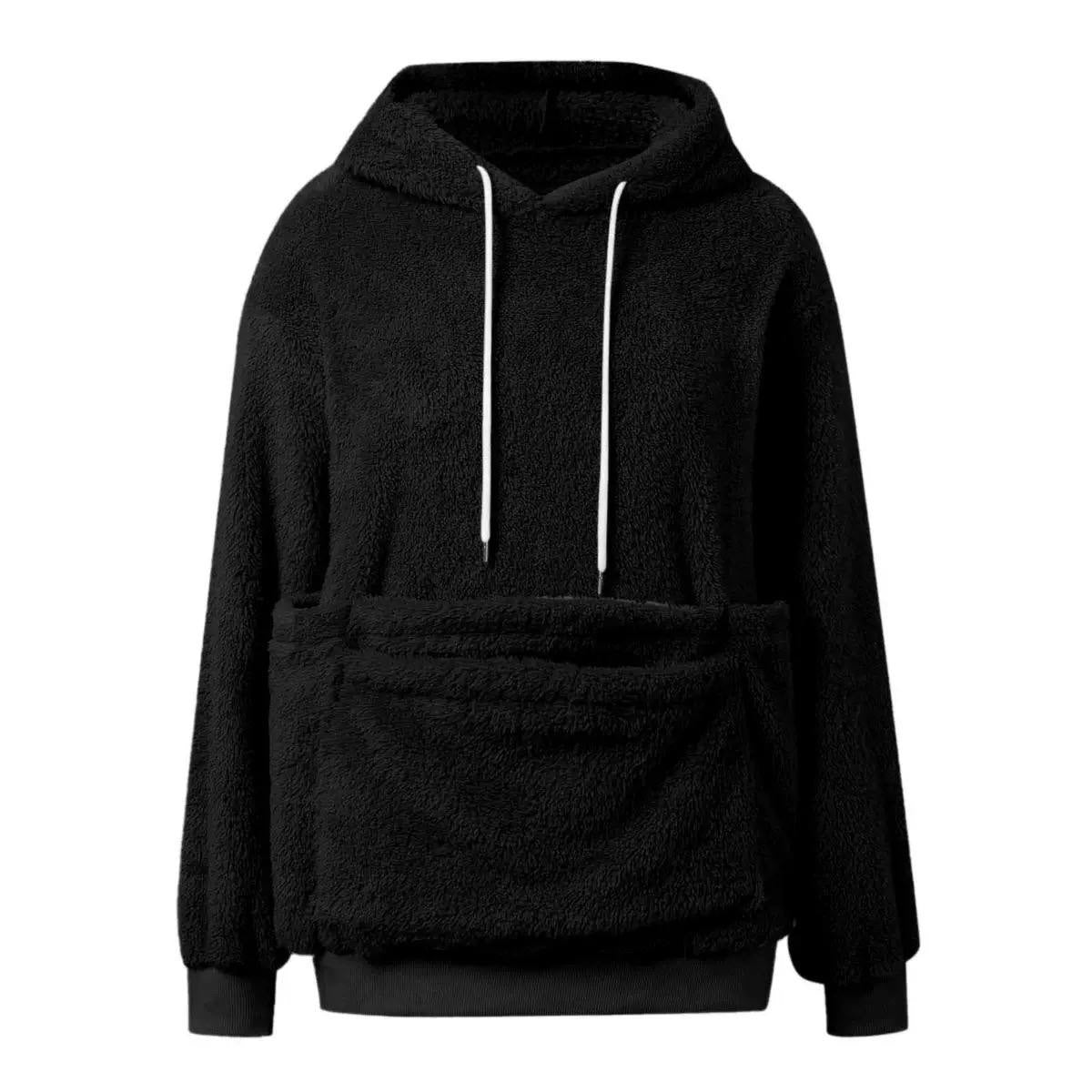 Long-Sleeve Pullover Hoodie With Oversized Pouch Pocket – Black