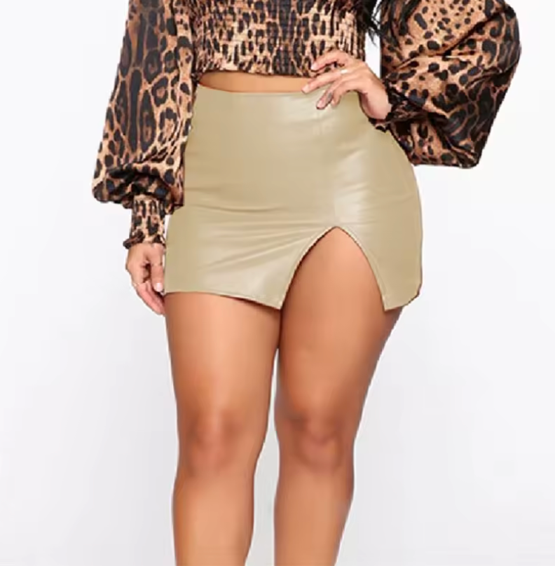Women's High Waist Leather Side Split Mini Skirt